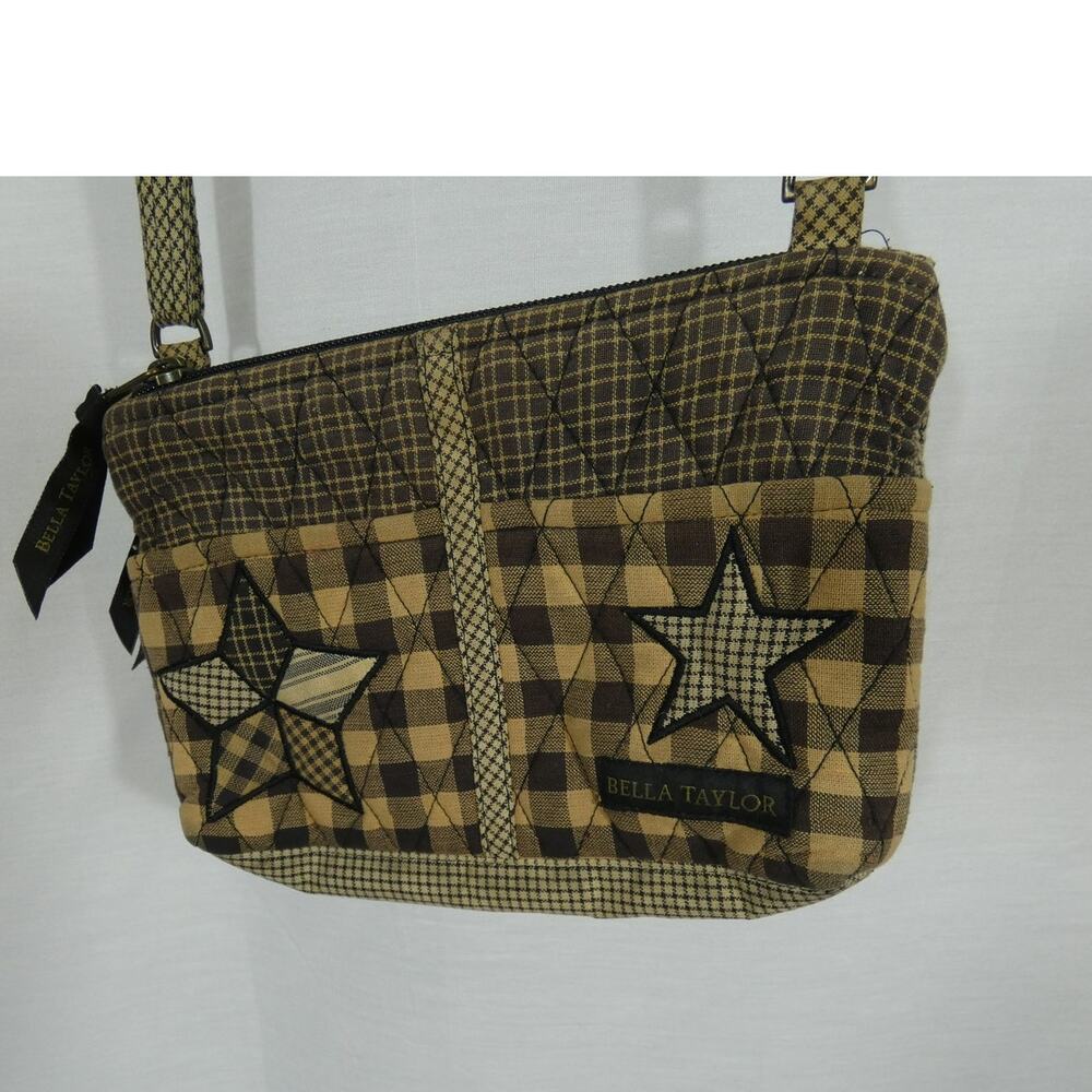 Bella Taylor Quilted Patchwork Crossbody Wallet Purse Brown 3 Zippers Farmhouse
